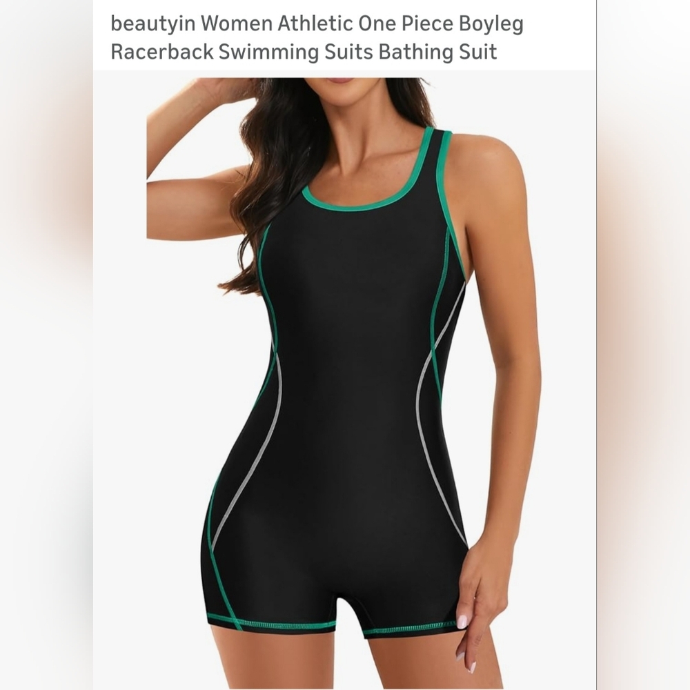 Black & Green Athletic One-Piece Boyleg Swimsuit B-24